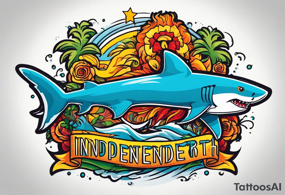 Lion shark mix back tattoo with the words “independent from birth” tattoo idea