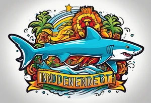 Lion shark mix back tattoo with the words “independent from birth” tattoo idea