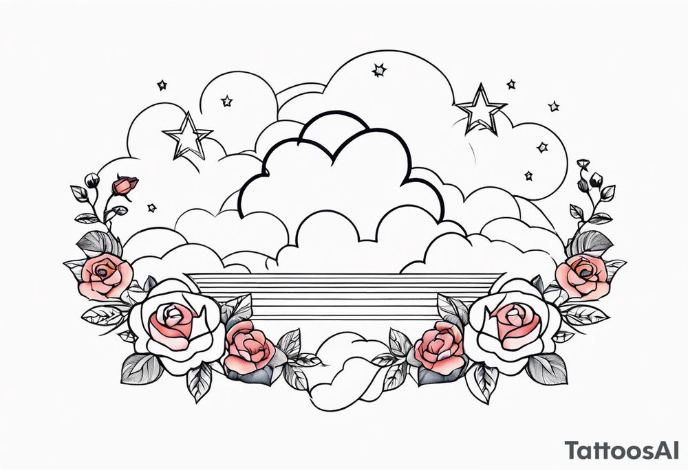 Clouds with tesseract inside and small roses and stars around it tattoo idea