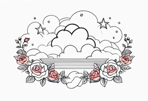 Clouds with tesseract inside and small roses and stars around it tattoo idea
