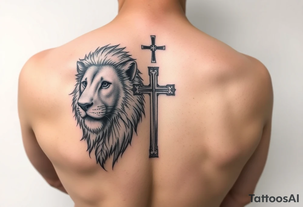 majestic lion and a cross tattoo idea