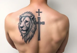 majestic lion and a cross tattoo idea