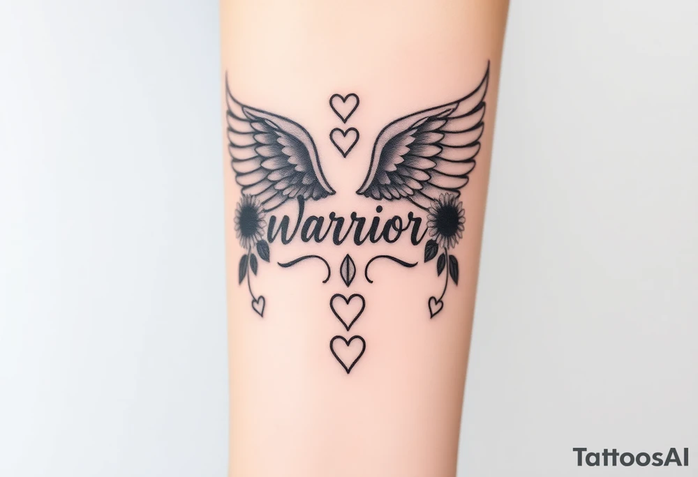 beautiful strong angel wing with word "Warrior" surrounded with sunflowers and hearts tattoo idea