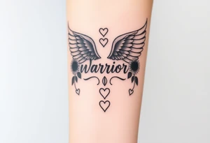 beautiful strong angel wing with word "Warrior" surrounded with sunflowers and hearts tattoo idea