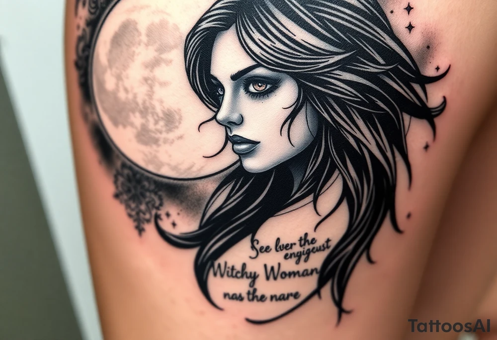 Mystical / detailed realism gothic style
Placement: thigh
 Full moon, raven-haired woman with glowing brown eyes
 Fog and stars (if that’s what you meant?)
Witchy Woman” song lyrics incorporated based off the song  witchy woman tattoo idea