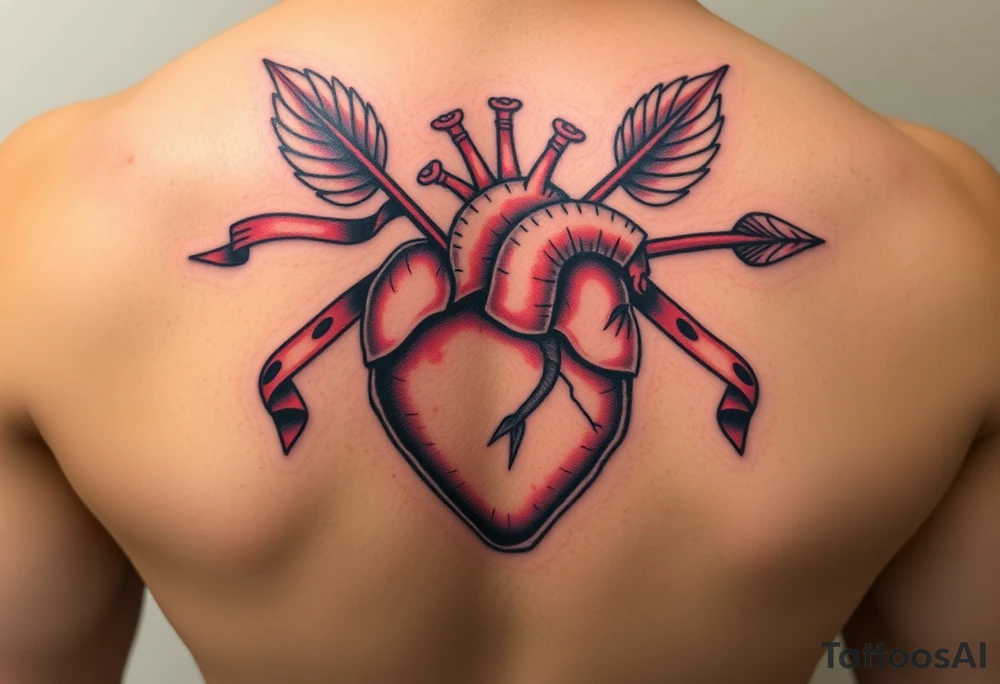 anatomical heart pierced by ornate arrow with flowing ribbons tattoo idea