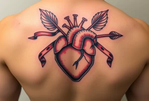 anatomical heart pierced by ornate arrow with flowing ribbons tattoo idea