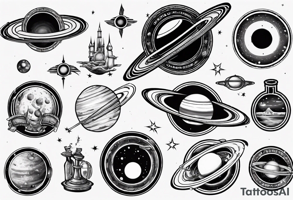 saturn with rings filled with alcohol tattoo idea