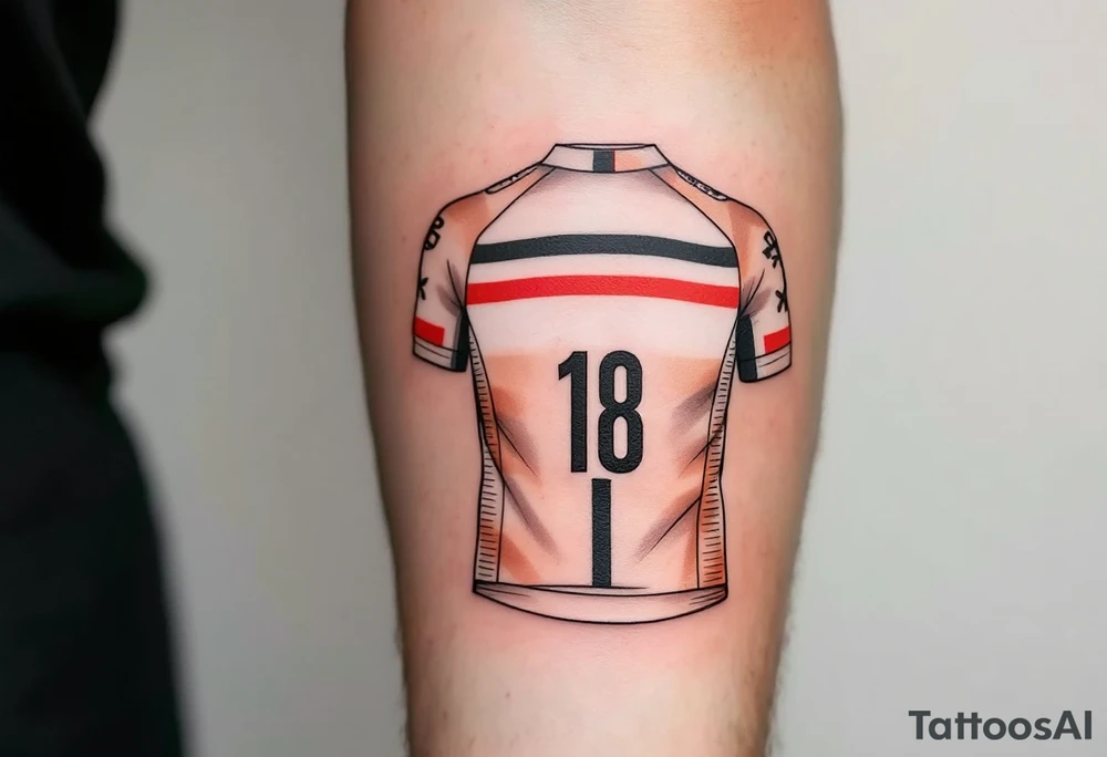 A stylized cycling jersey with race number, subtly adorned with stripes and patterns to evoke the essence of competitive cycling. The jersey design can incorporate shades of red, white, and black, with the number in bold black ink. This tattoo could emphasize the rider’s dedication and connection to the sport. tattoo idea