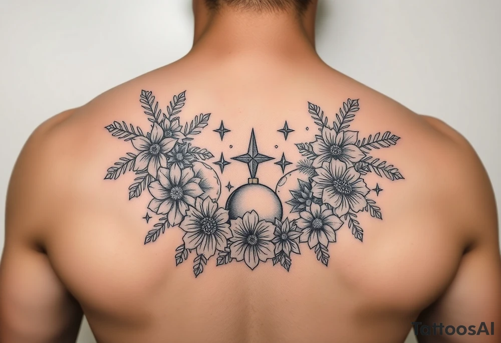 christmas and winter elements surrounded by floral ornaments and stars tattoo idea