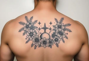 christmas and winter elements surrounded by floral ornaments and stars tattoo idea