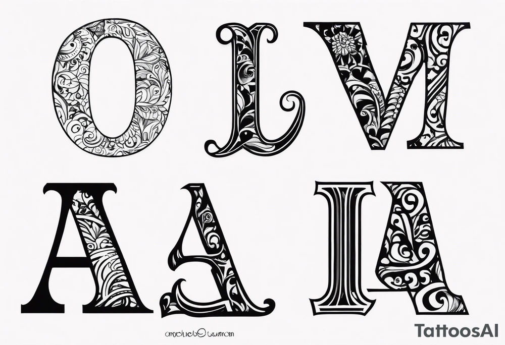5 iniciales de nombres entrelazadas, una V, una S, una A y tres Jotas tattoo idea