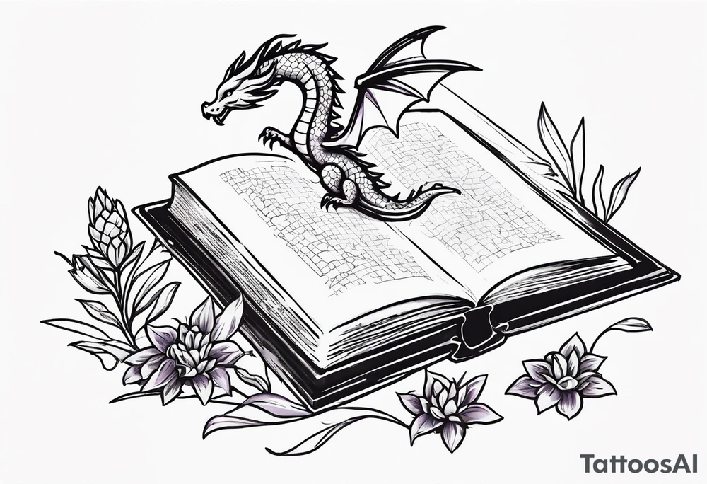 an open book. a small flying dragon. One pawn chess piece. a cluster of lavender flowers under book tattoo idea