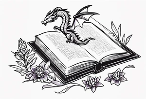 an open book. a small flying dragon. One pawn chess piece. a cluster of lavender flowers under book tattoo idea