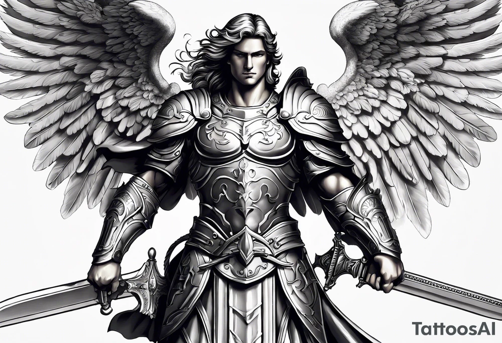 **Tattoo Design: Archangel Michael**

- **Central Theme**: Archangel Michael, majestic and powerful, stands ready with a raised sword, prepared to battle evil.
- **Appearance**: The figure of Archangel Michael depicted in full angelic armor, with majestic wings spread wide.
- **Expression**: His stance conveys strength, courage, and determination in defense of good.
- **Details**: Focus on intricate details such as facial features, armor embellishments, and the raised sword.
- **Background**: May be stylized as celestial, with rays of light or clouds, accentuating the divine presence of Archangel Michael.
- **Placement**: Intended for placement on the chosen body area, with the option to adjust the size according to personal preferences. tattoo idea