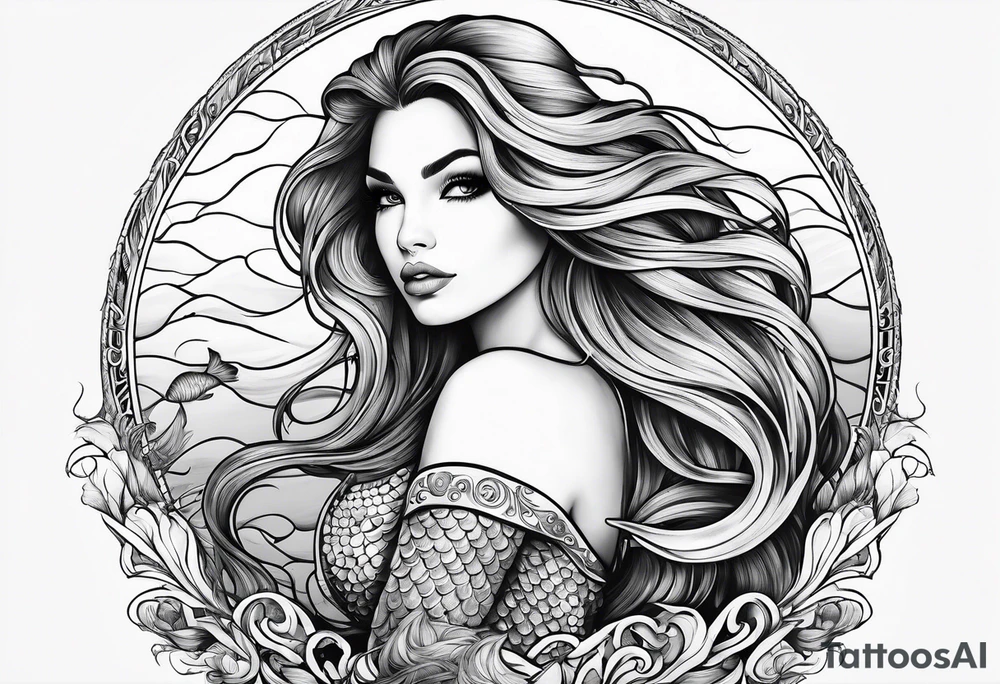 mystical sultery
 mermaid with long 
flowing tail and hair, tattoo sleeve tattoo idea