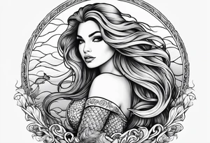 mystical sultery
 mermaid with long 
flowing tail and hair, tattoo sleeve tattoo idea