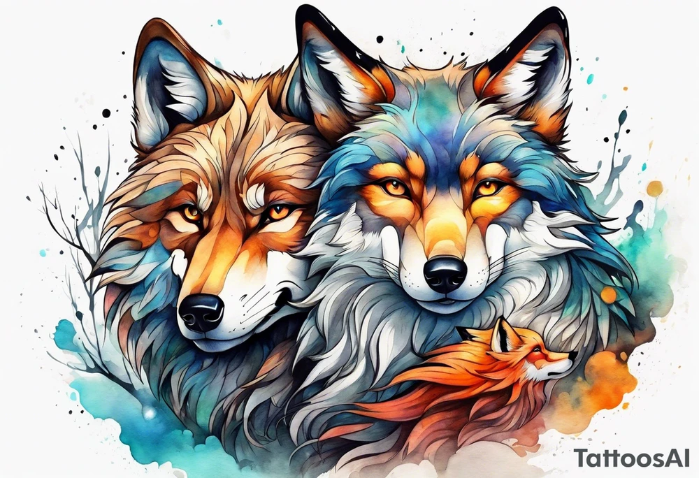 Wolf and fox nuzzling tattoo idea