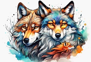 Wolf and fox nuzzling tattoo idea