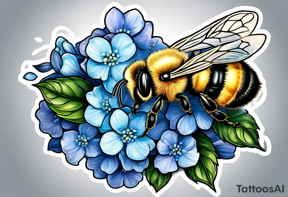 Small tattoo. There’s a hydrangea and a bee but they are not touching. Make the bee smaller than the hydrangea and have the bee off to the side. tattoo idea