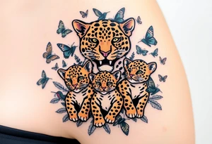 3 jaguars (a mother and 2 cubs) surrounded by butterflies and hummingbirds in new old school style tattoo idea