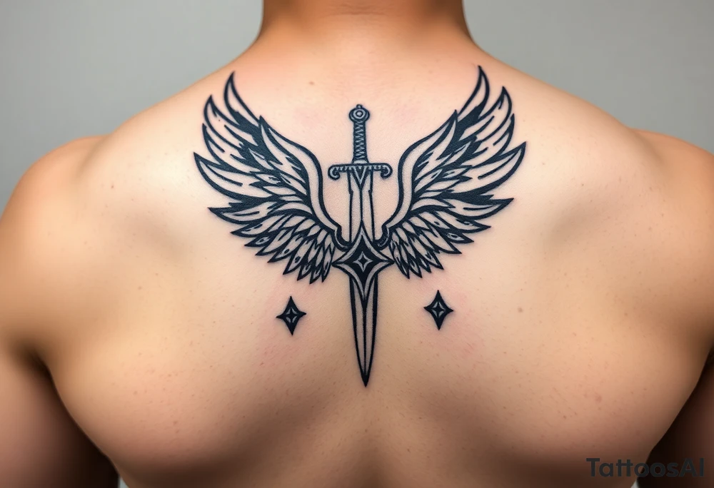 Wings wrapping around sword and diamond shaped stars tattoo idea