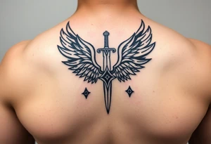 Wings wrapping around sword and diamond shaped stars tattoo idea