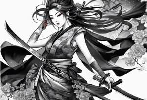 samuri with katana on top of a japanese beauty female tattoo idea