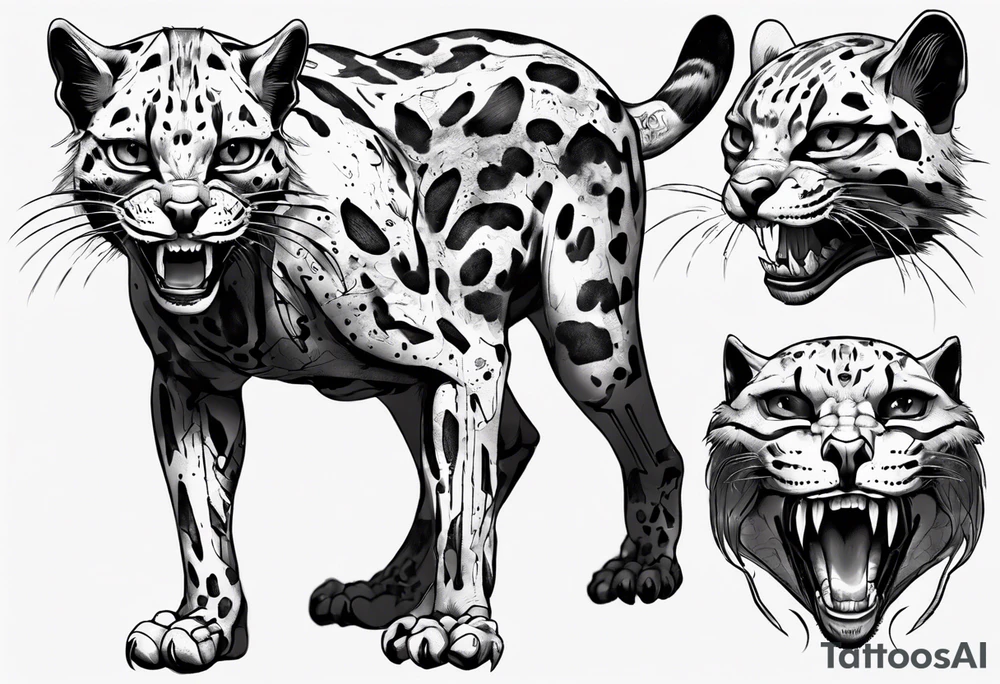 cybernetic ocelot full body teeth showing tattoo idea