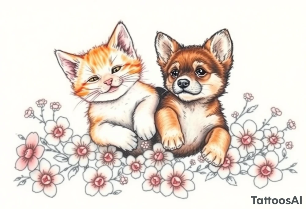 A white and orange kitten happy as can be I can even see a smile while a dark brown short hair puppy full of love and joy rolling around in a bed of flowers together tattoo idea