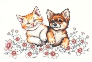A white and orange kitten happy as can be I can even see a smile while a dark brown short hair puppy full of love and joy rolling around in a bed of flowers together tattoo idea