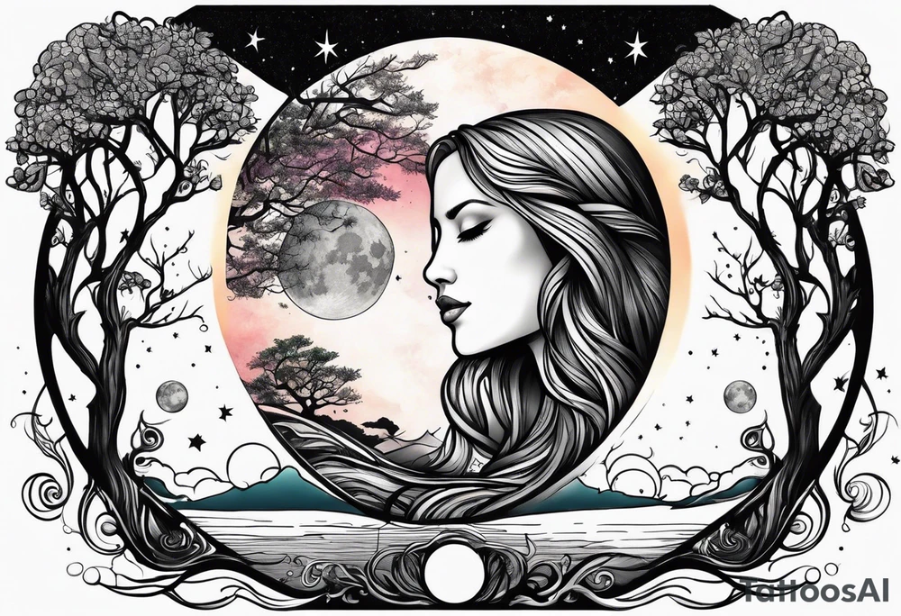 mother daughter with moon sun trees tattoo idea
