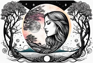 mother daughter with moon sun trees tattoo idea