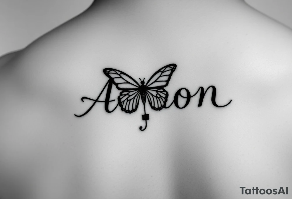 the name aaron on the hand with a butterfly and a semicolon tattoo idea