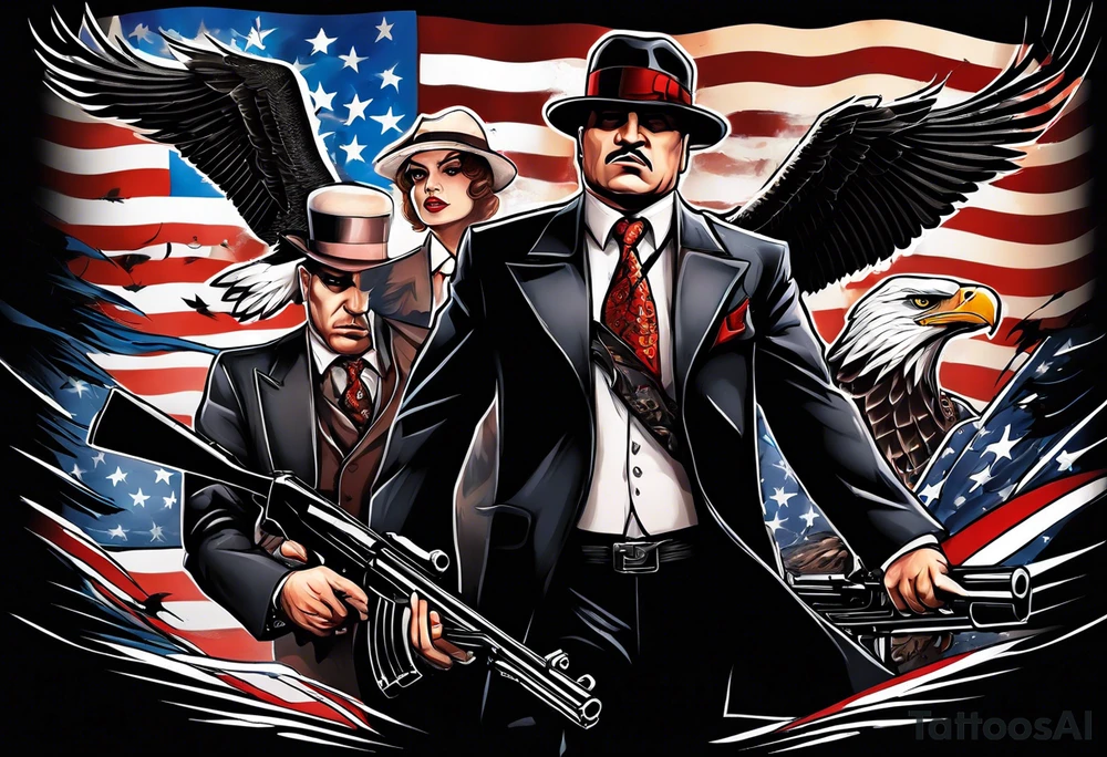 capone style gangsters battling with machine guns against a dark flame background with an angry eagle swooping in with american flag and sexy women tattoo idea
