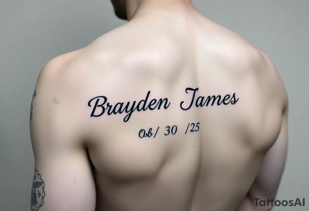 Brayden James name tattoo on forearm with dob 08/30/25 tattoo idea