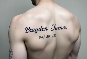 Brayden James name tattoo on forearm with dob 08/30/25 tattoo idea