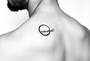 "Black circle tattoo (3cm) with barely visible 'To be continued?' around edge. Like a punctuation mark on skin." tattoo idea