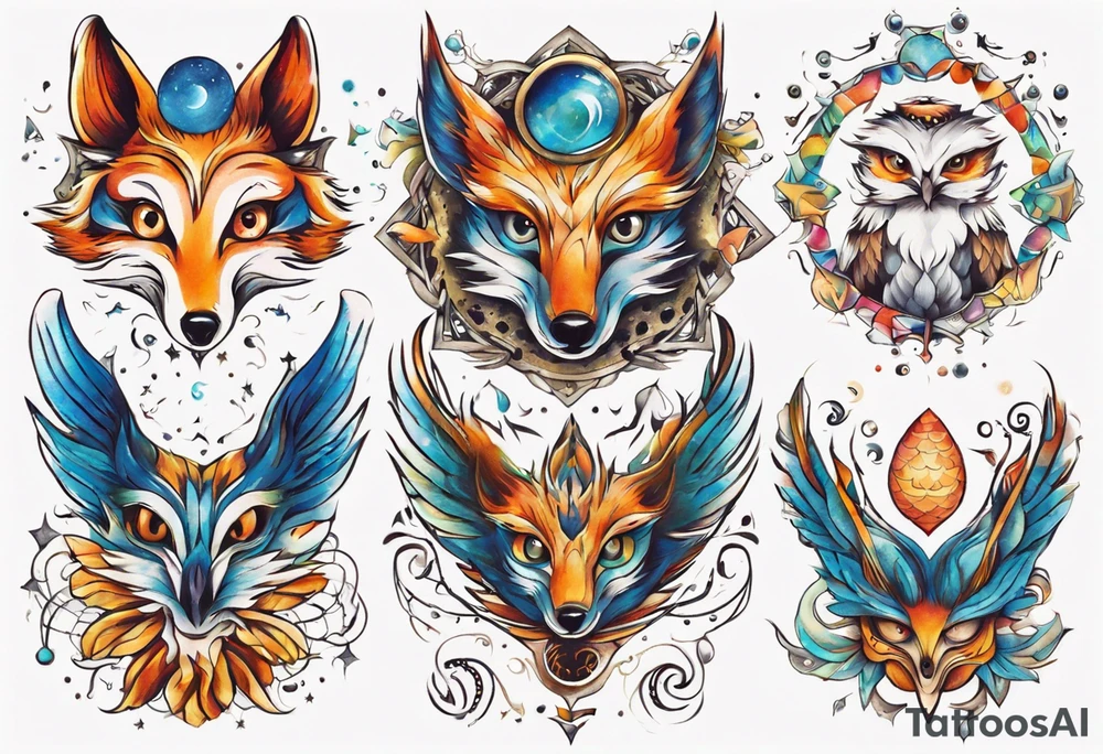 fisch, fuchs und eule , symetrie universum, bunt tattoo idea