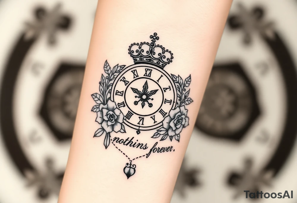 Roman clock with a crown, with roses and a quote that says nothings forever and with a deck of cards gangster chicano style tattoo idea