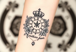 Roman clock with a crown, with roses and a quote that says nothings forever and with a deck of cards gangster chicano style tattoo idea