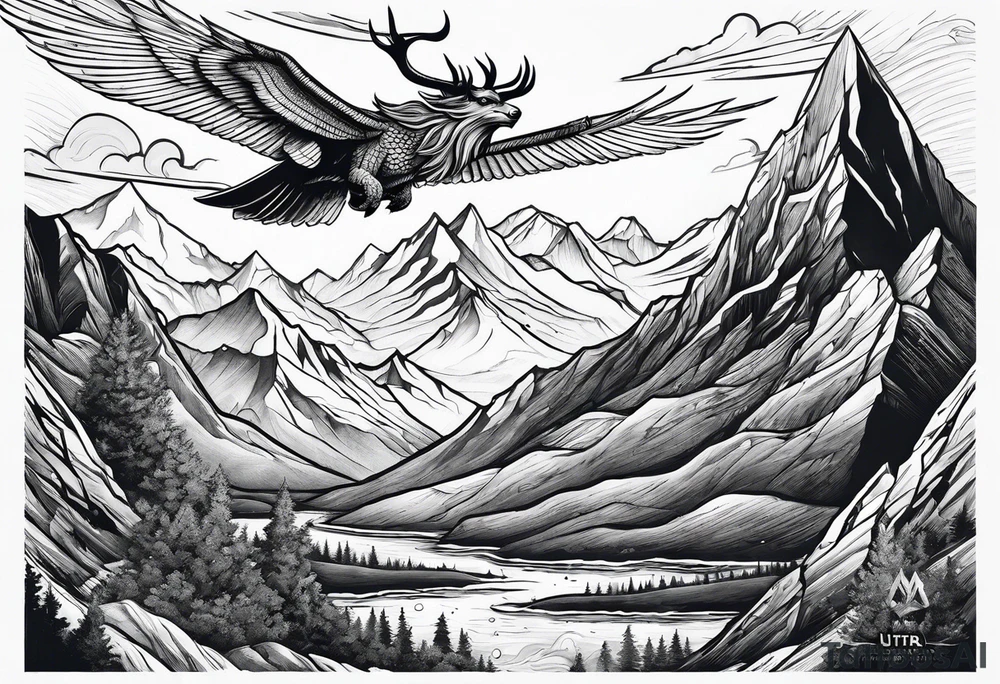Space Viking flying over mountains tattoo idea