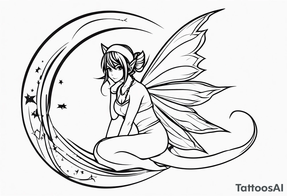 A fairy with a tail inspired by the logo of the show called Fairy Tail in a fetal position leaning in tattoo idea