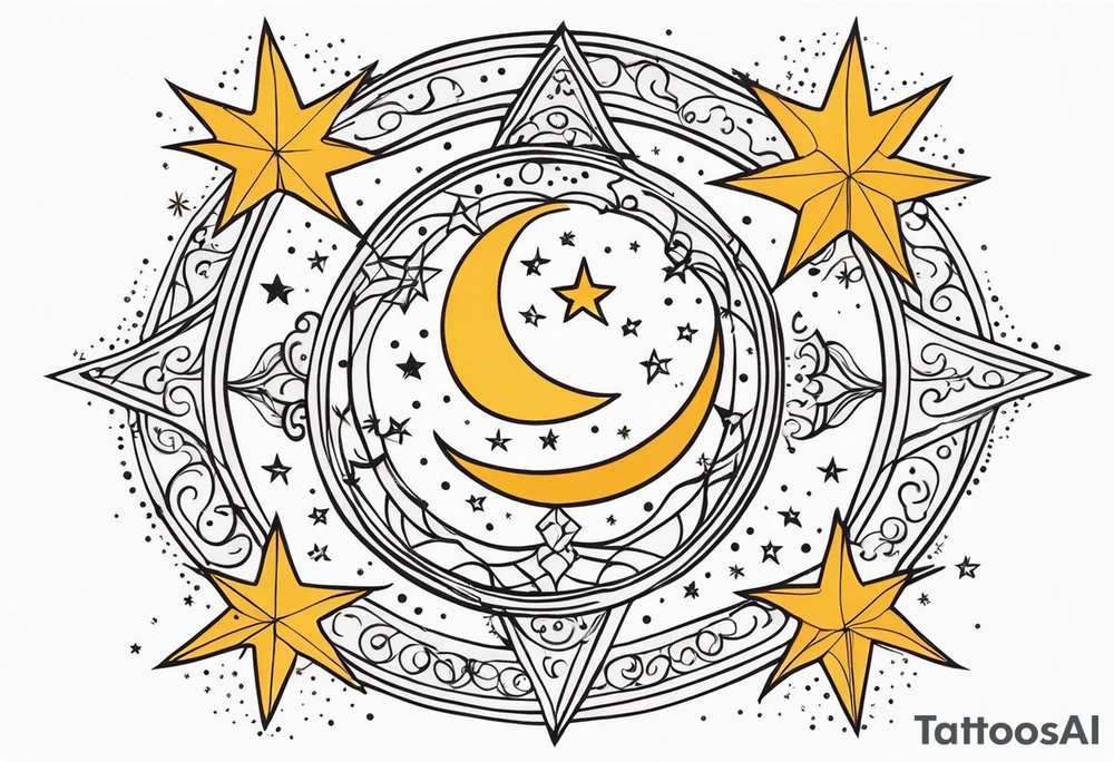 Western sun stars and moon. Mirrored with swirls and dots and stars tattoo idea
