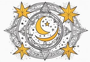 Western sun stars and moon. Mirrored with swirls and dots and stars tattoo idea