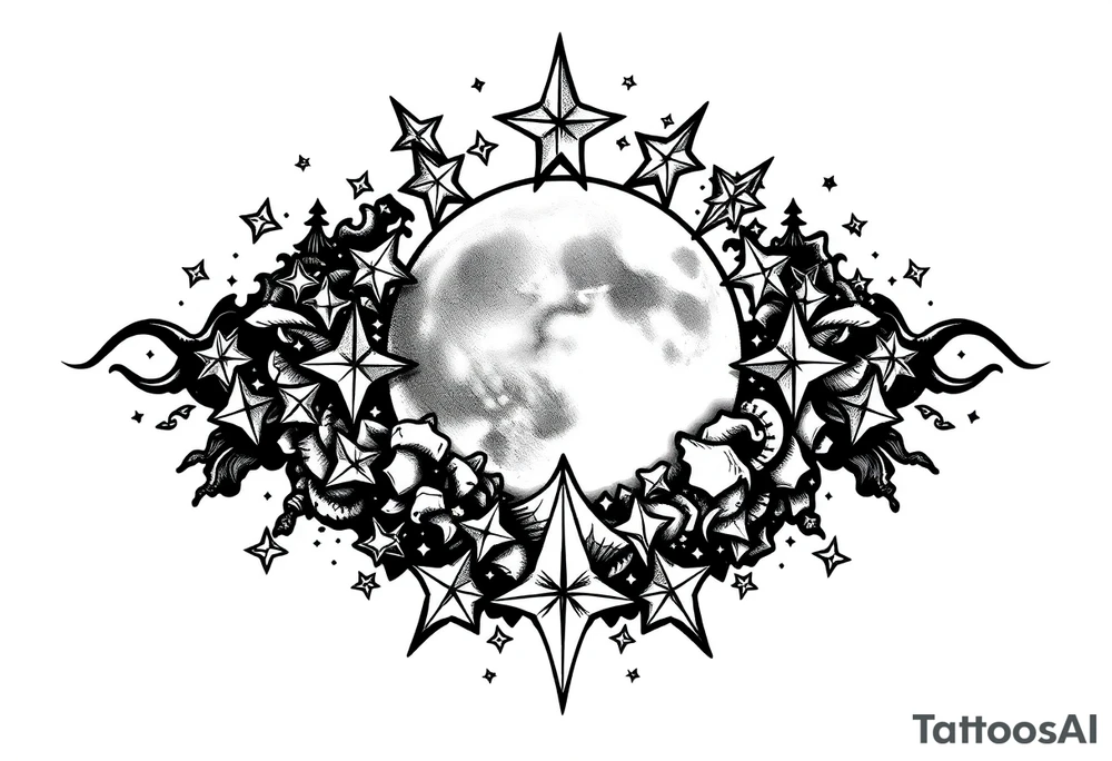 1x10^23 surrounded by cascade of stars and moon tattoo idea