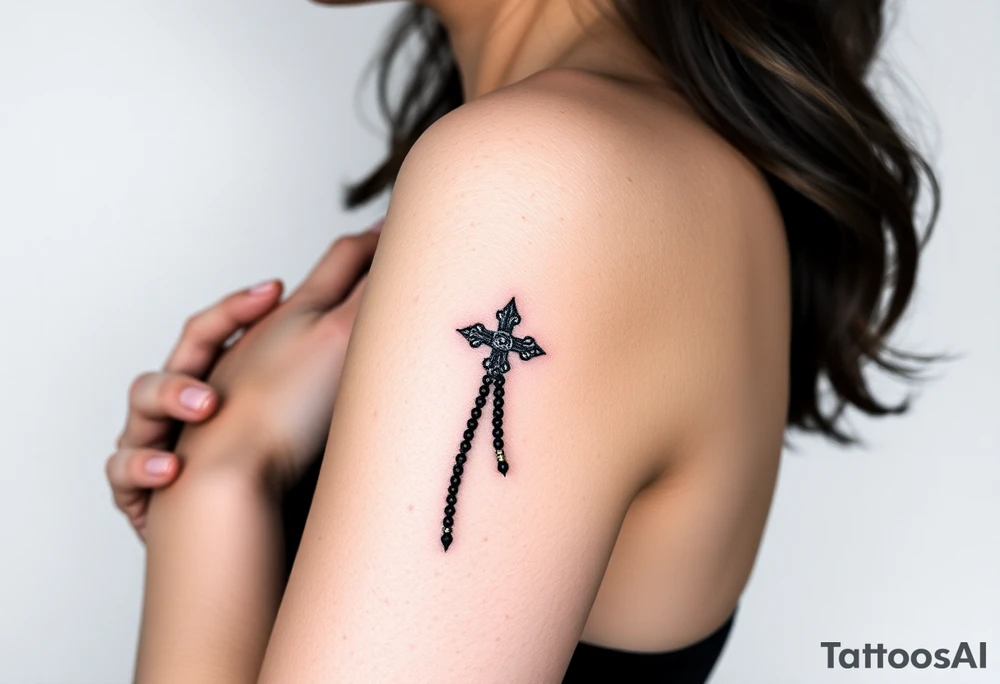 Woman praying with rosary in hands tattoo idea
