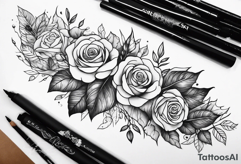 sleeve tattoo in fall colors with roses background swirls, leaves tattoo idea