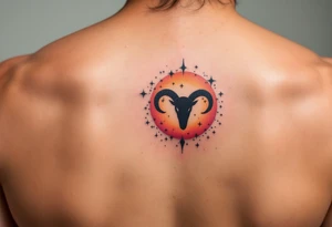 The Aries star constellation tattoo in black ink against an ombré background fading from orange to scarlet. tattoo idea