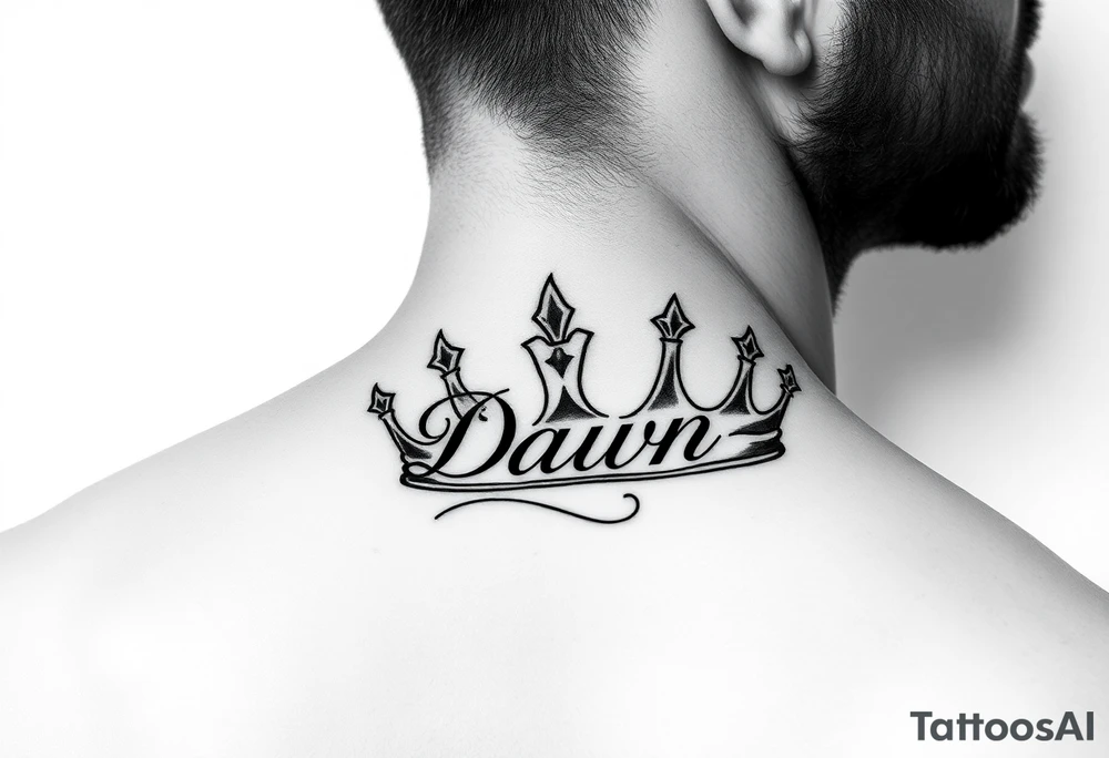 Crown with name Dawn on side of neck tattoo idea